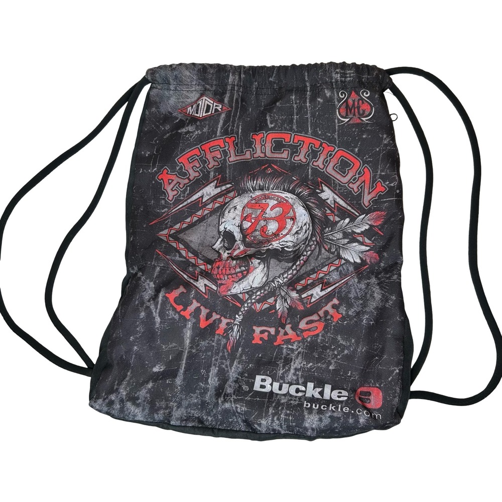 Affliction x Buckle Live Fast Skull Drawstring Backpack Black Red Mohawk Graphic